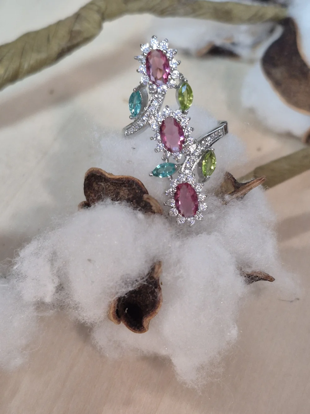 💚🩷NEW💚🩷 STUNNING!! PINK MORGANITE, AQUAMARINE, PERIDOT & CZ'S Ring